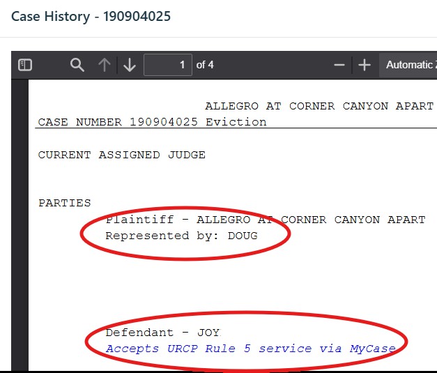 A picture of a case history. The plaintiff shows as being represented and has a red circle around their name. The defendant shows as using MyCourtCase and accepting service that way. There is also a red circle around the defendant.