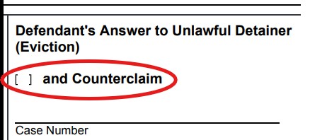 A picture of the title and heading of an answer form. The optional checkbox for a counterclaim is circled in red
