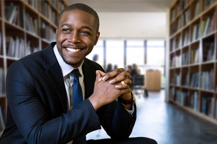 African american law attorney legal representative with sincere genuine smile in library, African american law attorney legal representative with sincere 